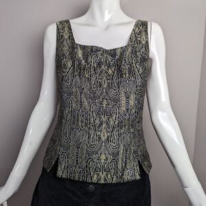 Vintage faux corset tank top brocade square neck paisley print. 10